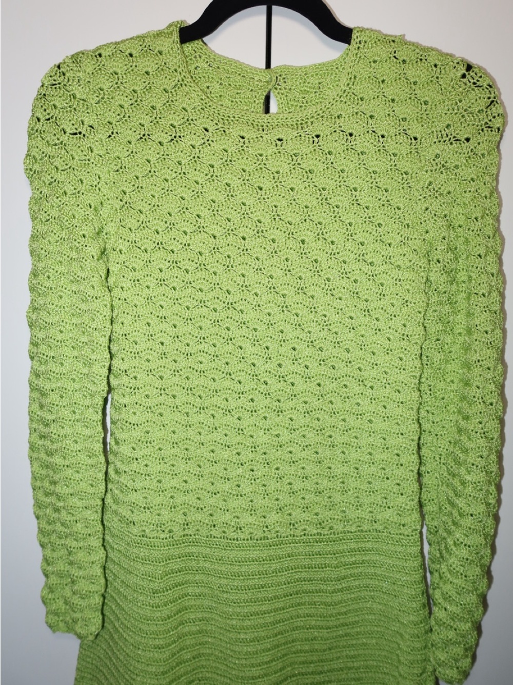 Green Crochet Knit Long Sleeve Mini Dress Boho Retro - Picture 3 of 3